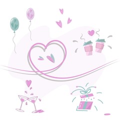 Valentine's Day in pastel pink colors. Happy holiday background vector love set elements couple coffee cups gift hearts love drink balloons cute illustration clip-art romantic. Vector flat style