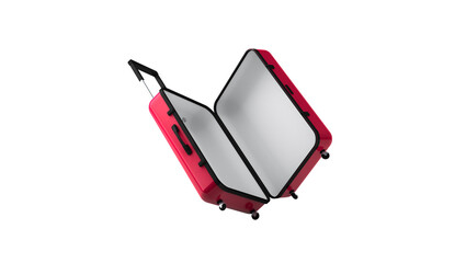 3D rendering, Realistic of flying red opening suitcase mock up, empty luggage falling down, isolated on white background.