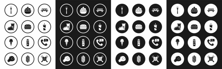 Set Sushi on cutting board, Burger, Paper glass and taco with tortilla, Fork, drinking straw water, Popcorn bowl, Food ordering pizza and Ice cream waffle cone icon. Vector