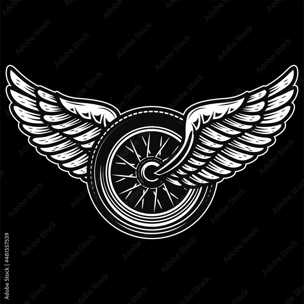 Wall mural winged wheel in monochrome style. design element for logo, label, sign, emblem. vector illustration