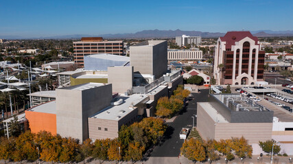 Daytime aerial skyline view of downtown Mesa, Arizona, USA.