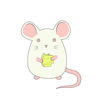 Flat silhouette of a white mouse rat with a piece of cheese in its paws. The design is suitable for logo, mascot, keychain, cartoon, symbol of the year, printing on children's clothing. Vector isolate
