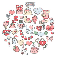 Valentine day set. Love holiday. Bundle of Valentines Day isolated objects in doodle style.