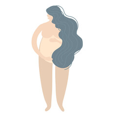 Busty pregnant woman hugs her belly. A future mother with a round belly. maternity