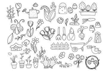 Spring Easter doodle collection with cute birds, flowers, garden objects, handicrafts. Easter spring set.