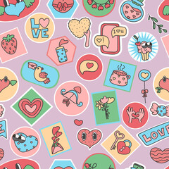 seamless pattern Patches, pins, stamps or Stickers.  Funny cute  comic Characters.  love, valentenes day background. Hand drawn. Cartoon style.  Abstract square seamless Pattern