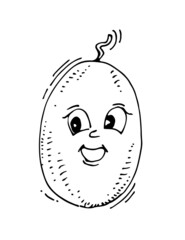 Melon laughs. Funny Face. Cheerful drawing of fruit. Hand drawing outline. Sketch Isolated on white background. Vector