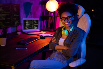 Photo of skilled lady freelancer sit desk folded arms modern web development in workspace...
