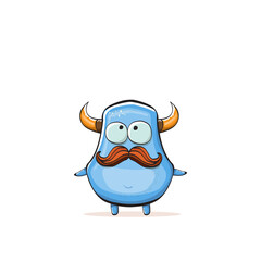Vector cartoon funny blue monster with horn isolated on white background. Smiling silly blue monster print sticker design template. Ghost, troll, gremlin, goblin, devil and monster