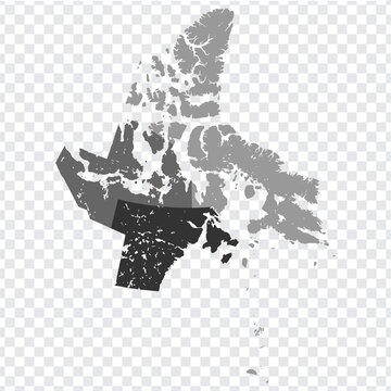Nunavut map on transparent background.  Territory of Nunavut map with  municipalities in gray for your web site design, logo, app, UI. Canada. EPS10.