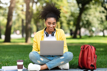 African American College Girl Using Laptop Sitting Learning In Park - obrazy, fototapety, plakaty