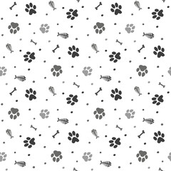 Black coloured Paw, fish, bone pattern. Funny animal design. Vector illustration.