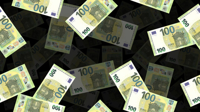 Rectangular illustration. Seamless pattern or wallpaper. Paper money of the European Union. Banknotes of 100 euros randomly falling into the darkness
