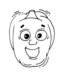 Bell pepper laughs. Radish laughs. Funny Face. Cheerful drawing of fruit. Hand drawing outline. Sketch Isolated on white background. Vector