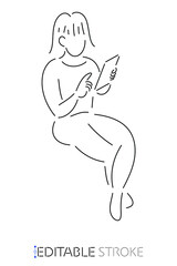 Short hair girl sit and holding smartphone. Vector line customizable isolated outline. Editable stroke.