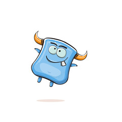 Vector cartoon funny blue monster with horn isolated on white background. Smiling silly blue monster print sticker design template. Ghost, troll, gremlin, goblin, devil and monster