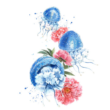 Beautiful composition with cute watercolor underwater sea life jellyfish and flowers. Stock illustration.