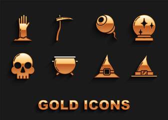 Obraz premium Set Halloween witch cauldron, Magic ball, Witch hat, Skull, Eye, Zombie hand and Scythe icon. Vector