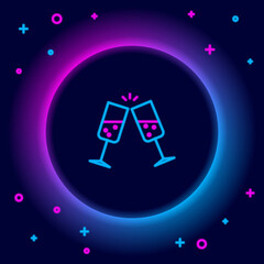 Glowing neon line Glass of champagne icon isolated on black background. Colorful outline concept. Vector