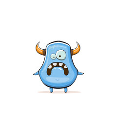 Vector cartoon funny blue monster with horn isolated on white background. Smiling silly blue monster print sticker design template. Ghost, troll, gremlin, goblin, devil and monster