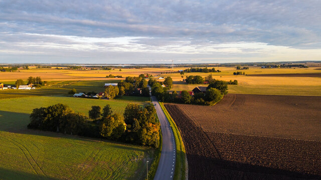 Aerial panorama of Swedish countryside, Swedish village at sunrise, clear blue sky, green yellow fields. View of typical landscape of southern Sweden. 