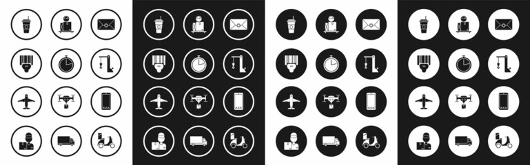 Set Envelope, Stopwatch, Scanner scanning bar code, Coffee cup, Harbor port crane, Scale with cardboard box, Mobile phone app delivery tracking and Plane icon. Vector