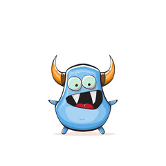 Vector cartoon funny blue monster with horn isolated on white background. Smiling silly blue monster print sticker design template. Ghost, troll, gremlin, goblin, devil and monster