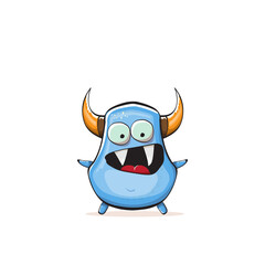 Vector cartoon funny blue monster with horn isolated on white background. Smiling silly blue monster print sticker design template. Ghost, troll, gremlin, goblin, devil and monster
