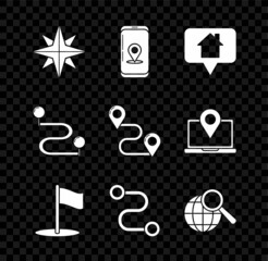 Set Wind rose, Infographic of city map navigation, Map pointer with house, Flag, Route location, Magnifying glass globe, and icon. Vector