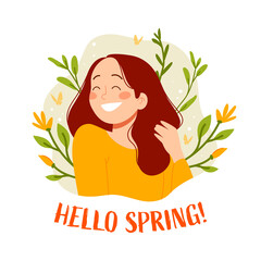 Hello spring! Vector illustration of woman with flowers