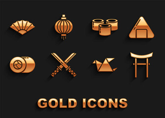 Set Traditional Japanese katana, Sushi, Gate, Origami bird, Paper chinese or japanese folding fan and paper lantern icon. Vector