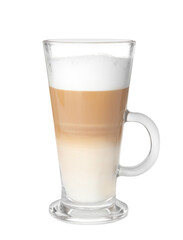 Glass of delicious latte macchiato on white background