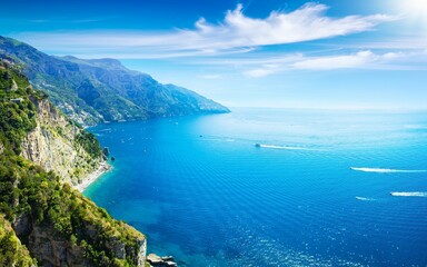Rocky Amalfy coast near Positano and of Gulf of Salerno. Positano is picturesque town with splendid coastal views in Campania, Italy.