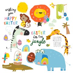 Cartoon Set with Cute Animals celebrating Easter in the Jungle