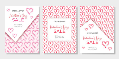 Set of 3 sale posters, banners, flyers design for Valentine's Day. Happy Valentine's Day special offer. 20% discount offer on red hearts pattern background 