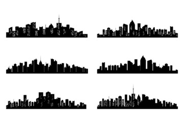 Black cities silhouette collection. Horizontal skyline set in flat style isolated on white. Vector cityscape with windows, urban panorama of night town