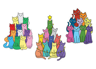 Set of group colored cats. Collection of doodle different holiday kitten. Vector illustration om white background.