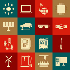 Set Computer monitor, Screwdriver, Smartwatch, Social network, Electric car, Solar energy panel, and glasses icon. Vector