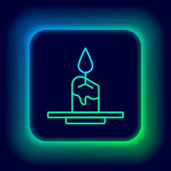 Glowing neon line Aroma candle icon isolated on black background. Colorful outline concept. Vector