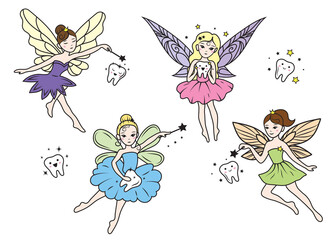 Set of tooth fairies. Collection of fairies with wings and tooth. Fairy tales creatures. Colorful illustration for children.