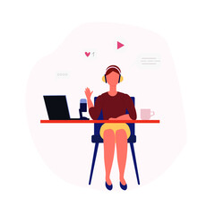 cartoon woman listening and recording an audio podcast or an online show . vector flat illustrations isolated on white. the media broadcasting 