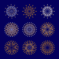 Firework or salute collection. Celebrated festive firecracker set. Vector bright holidays light explosion rays template. Abstract burst, starburst design elements.