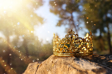 mysterious and magical photo of gold king crown in the woods over stone. Medieval period concept. - obrazy, fototapety, plakaty