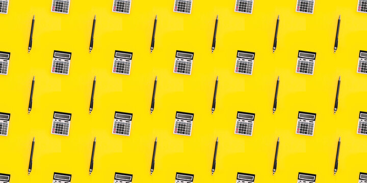 Seamless pattern with a large calculator and pen on yellow background. Financial banner. Mockup design texture. Business card. Copy space. Concept of accounting, profit, loss, tax. Digital stationery