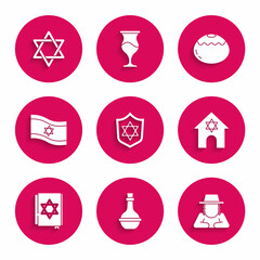 Set Shield with Star of David, Jewish wine bottle, Orthodox jewish hat, synagogue, torah book, Flag Israel, sweet bakery and icon. Vector