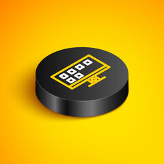 Isometric line Smart Tv icon isolated on yellow background. Television sign. Black circle button. Vector
