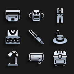 Set Audio jack, Certificate template, Antique treasure chest, Man hat, Table lamp, Waistcoat, Pants with suspenders and bag of banana icon. Vector