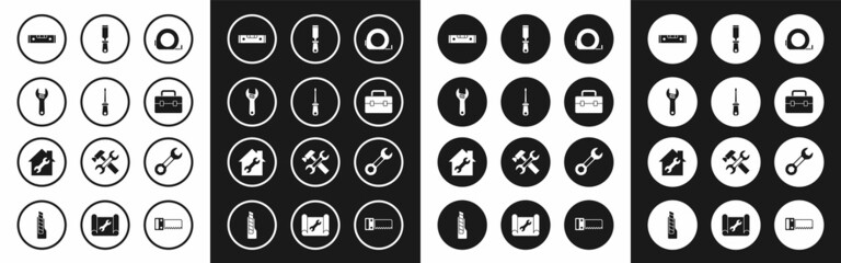 Set Roulette construction, Screwdriver, Adjustable wrench, Construction bubble level, Toolbox, Rasp metal file, Wrench spanner and House repair icon. Vector