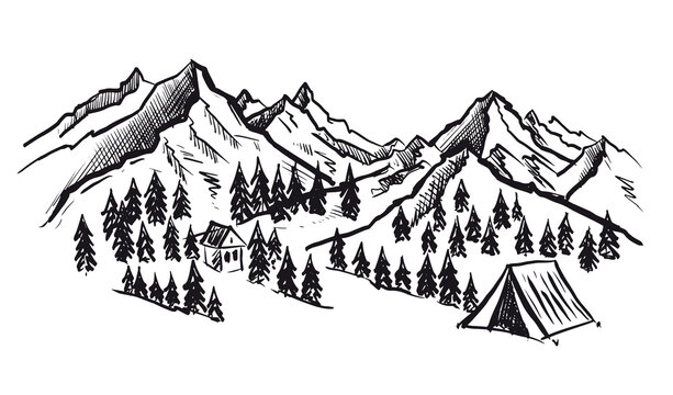 Mountain landscape, vector illustration, sketch style.	