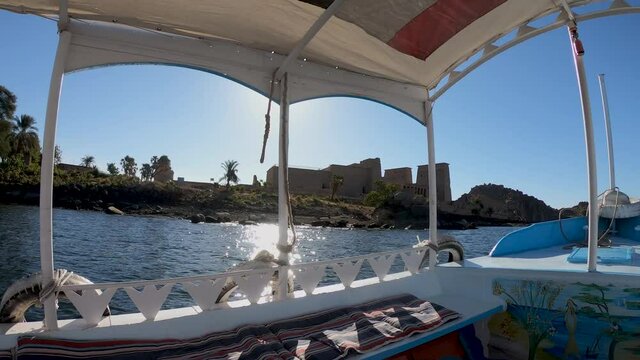 View of Philae Temple from a motorboat.